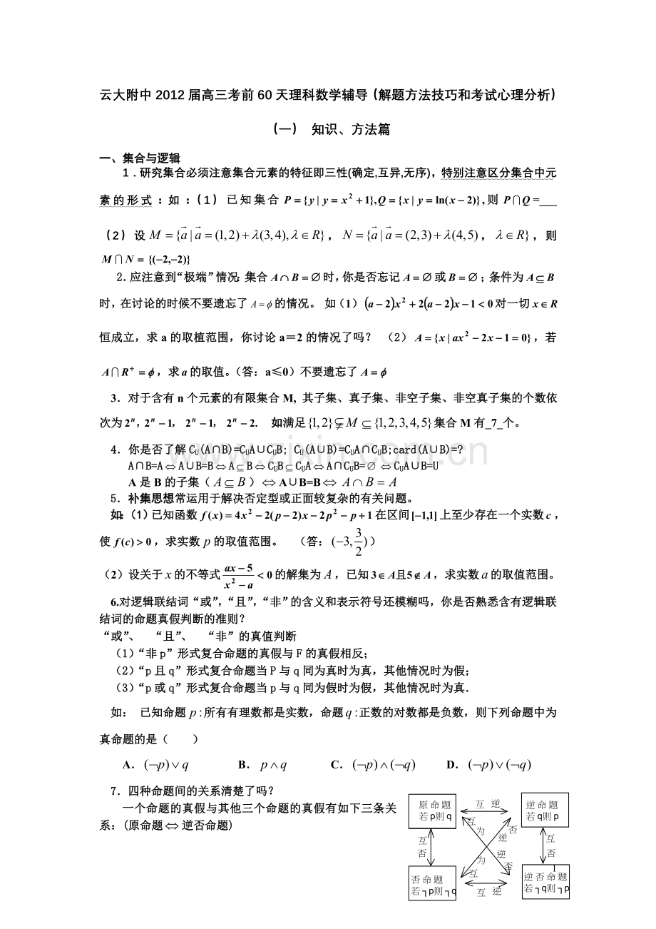 云大附中2012届高三考前60天理科数学辅导(解题方法技巧和考试心理分析).doc_第1页