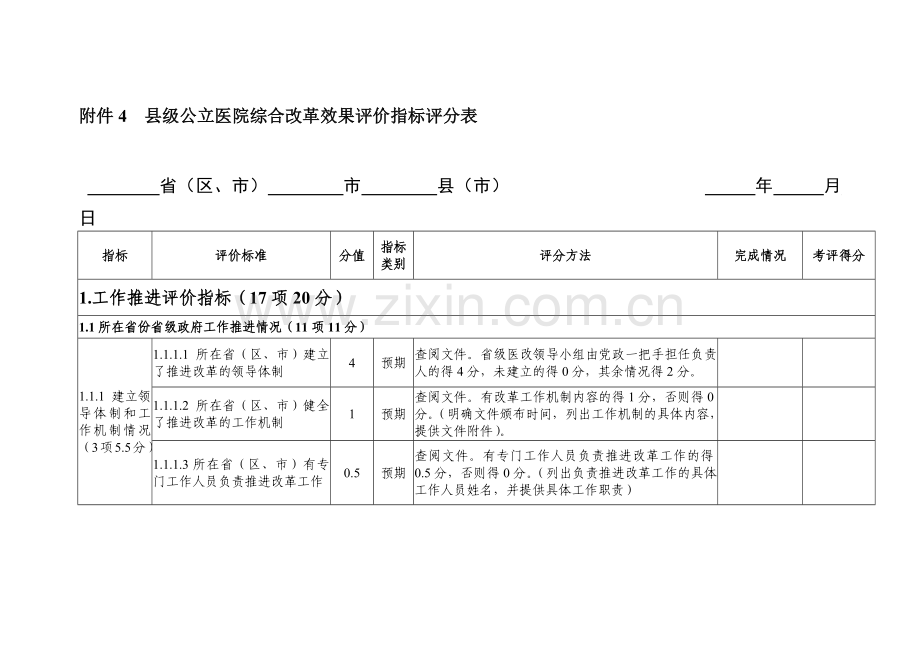 公立医院综合改革效果指标评分表.docx_第1页