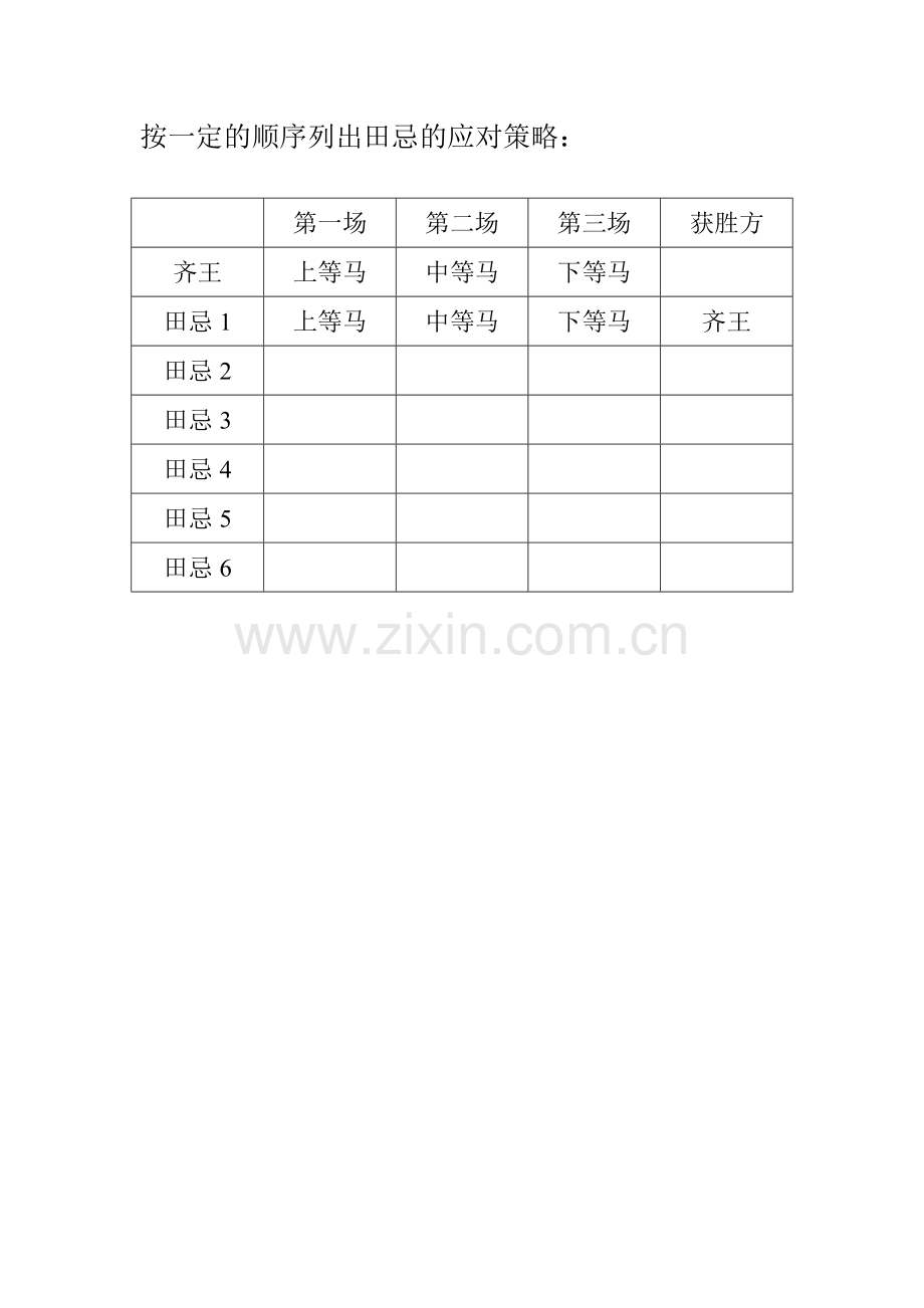 小学人教四年级数学田忌赛马作业纸.doc_第1页