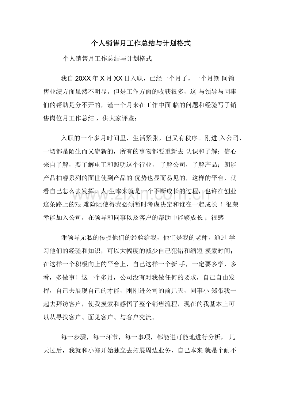 个人销售月工作总结与计划格式.docx_第1页