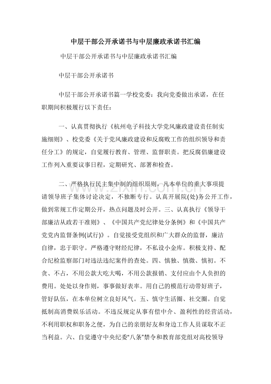 中层干部公开承诺书与中层廉政承诺书汇编.docx_第1页