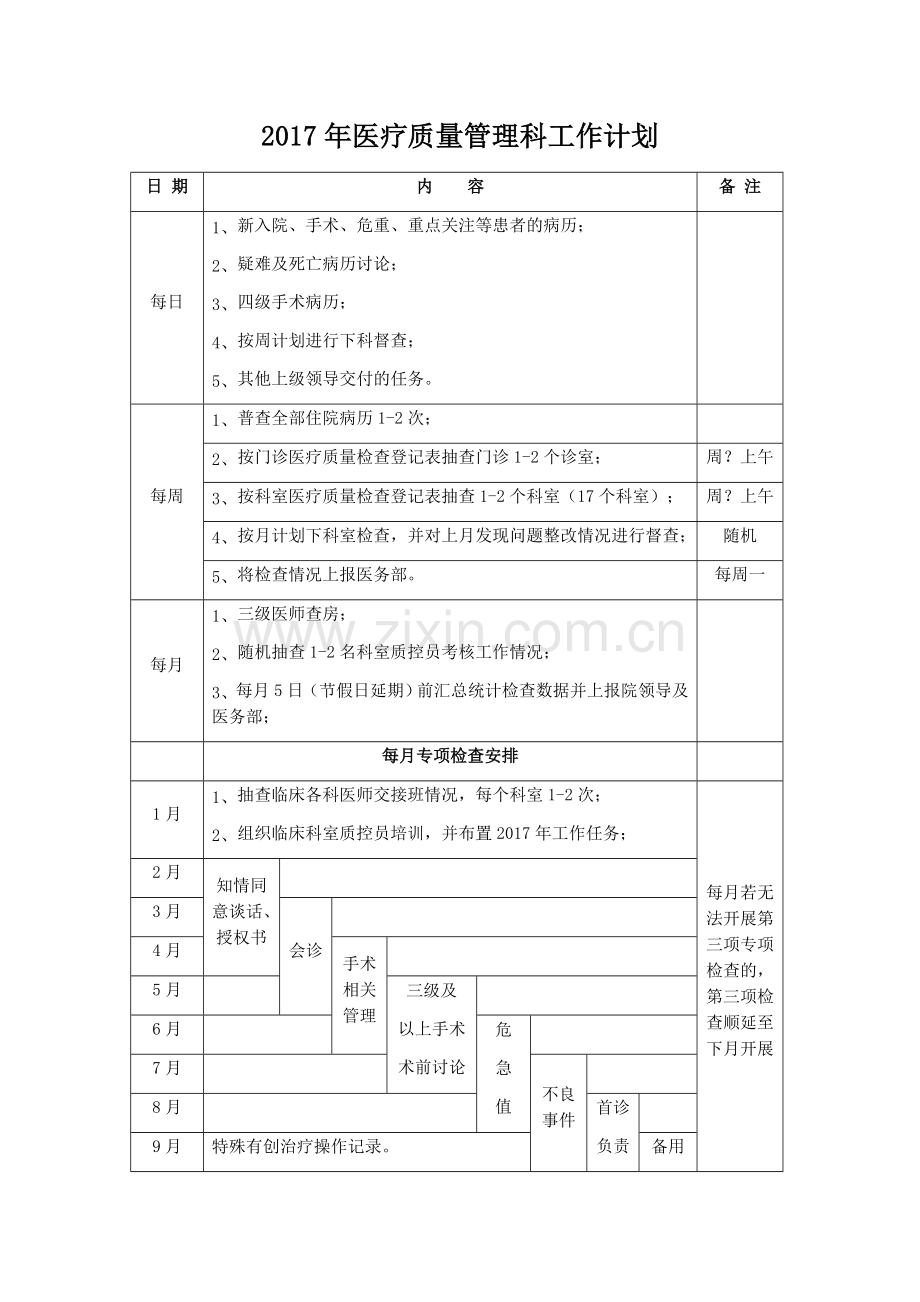 2017年医疗质量管理科工作计划.docx_第1页