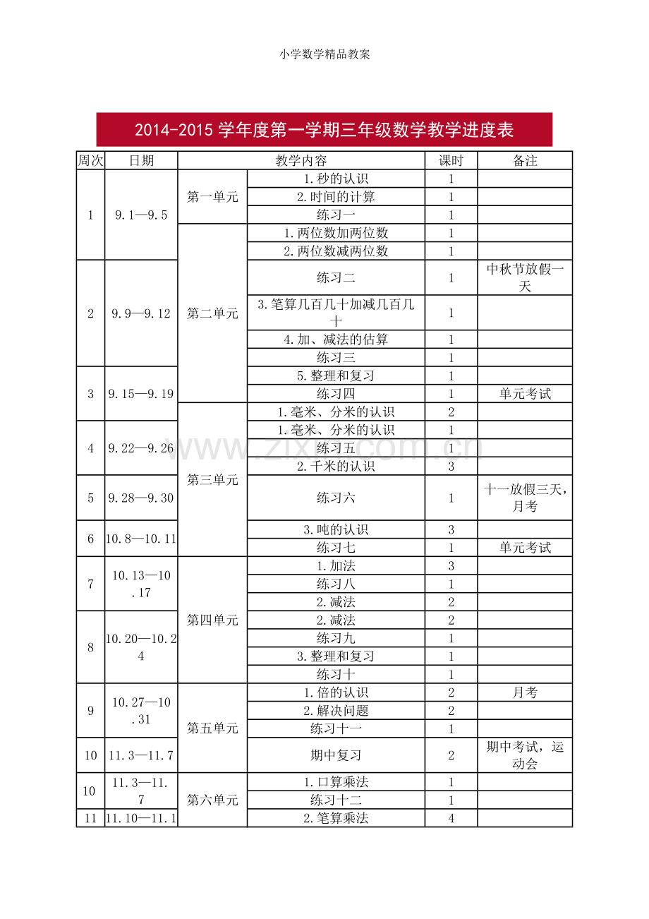 2017年秋人教版小学数学三年级上教学计划及进度表.doc_第3页