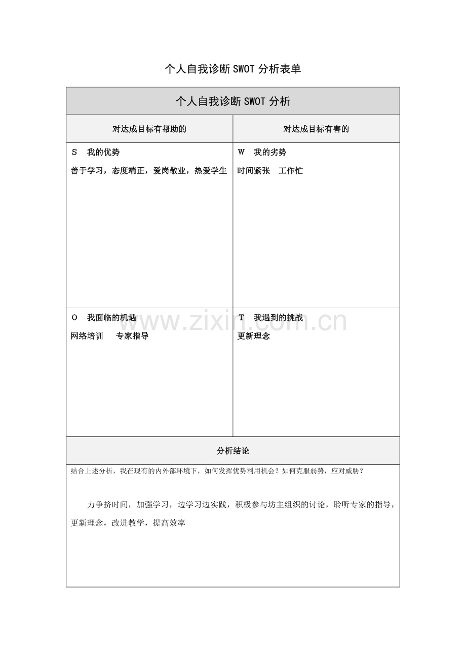 杨萍个人自我诊断SWOT分析表.doc_第1页