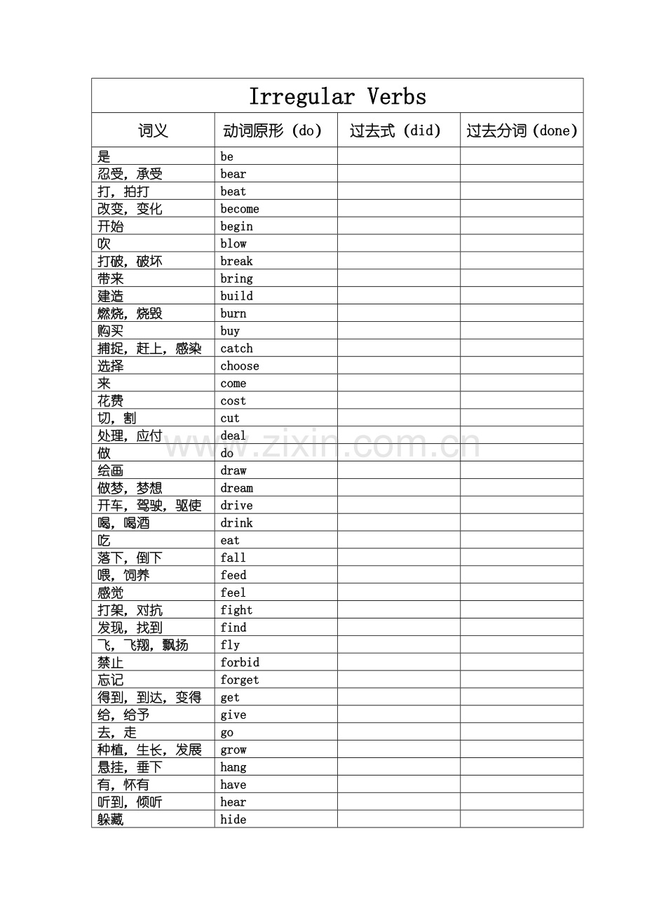 中考英语不规则动词表(过去式、过去分词)(默写版).doc_第1页