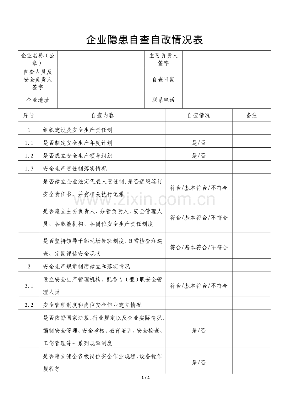 企业隐患自查自改情况表.doc_第1页