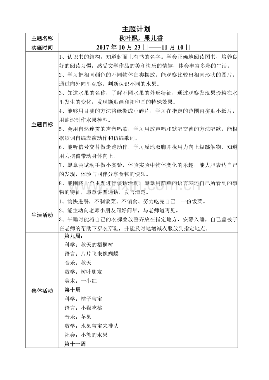 小班主题计划《秋叶飘--果儿香》.doc_第1页