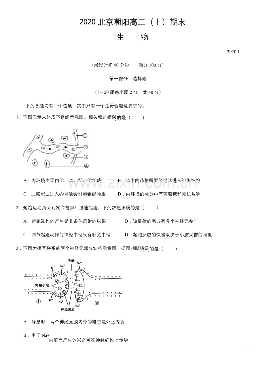 北京市朝阳区2020-2021学年高二上学期期末考试生物试题-含答案.docx_第1页