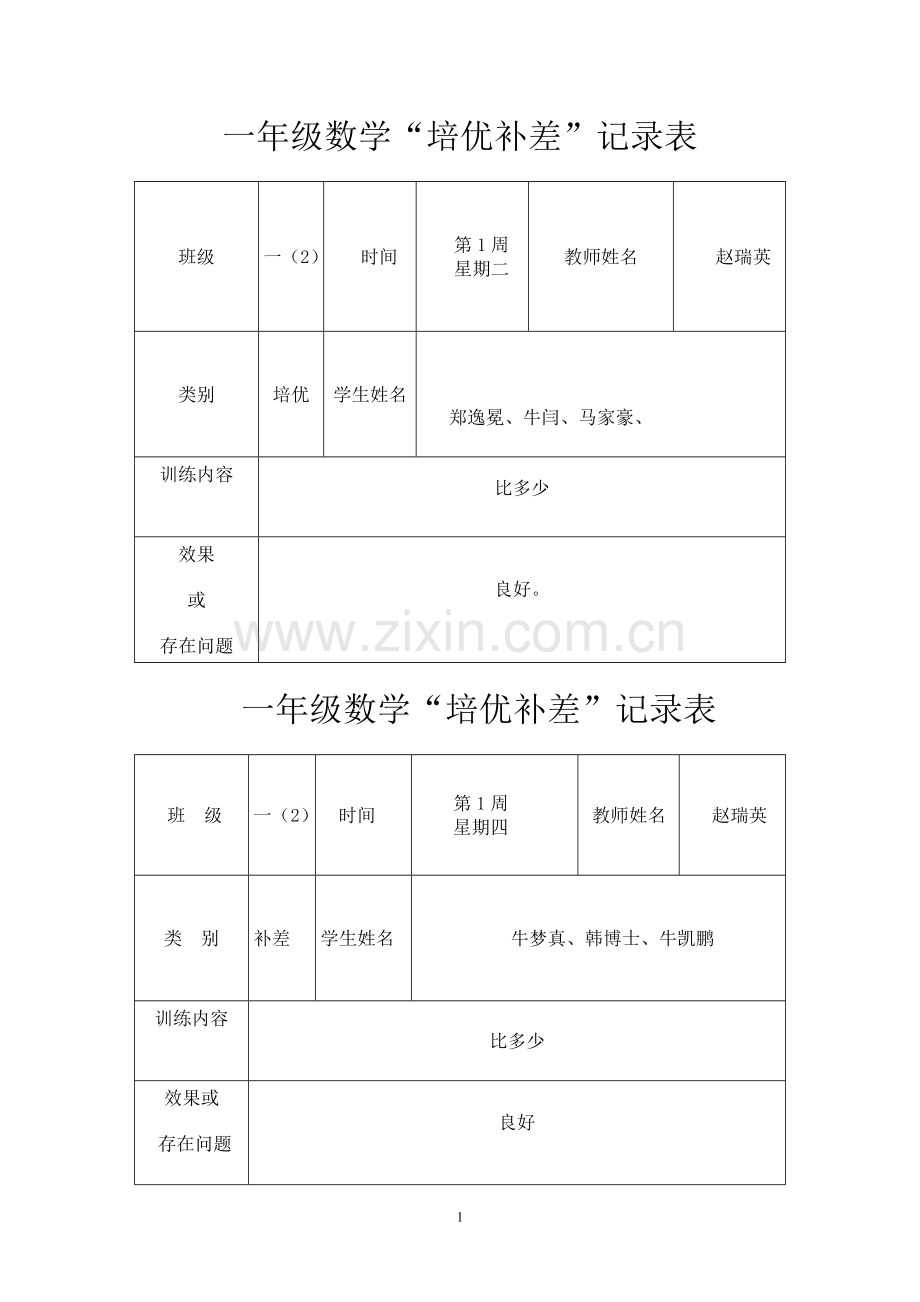 一年级数学培优辅差记录表.doc_第1页