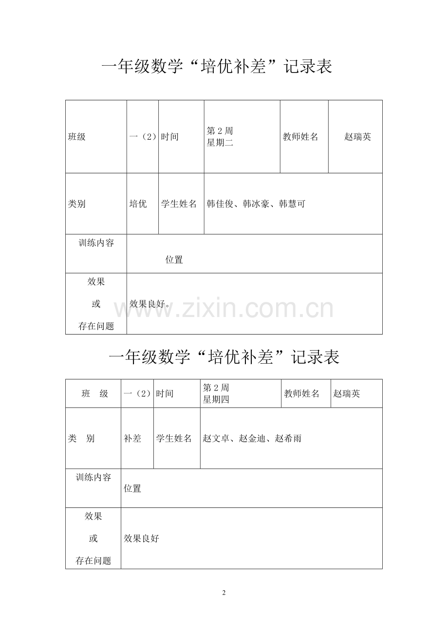 一年级数学培优辅差记录表.doc_第2页