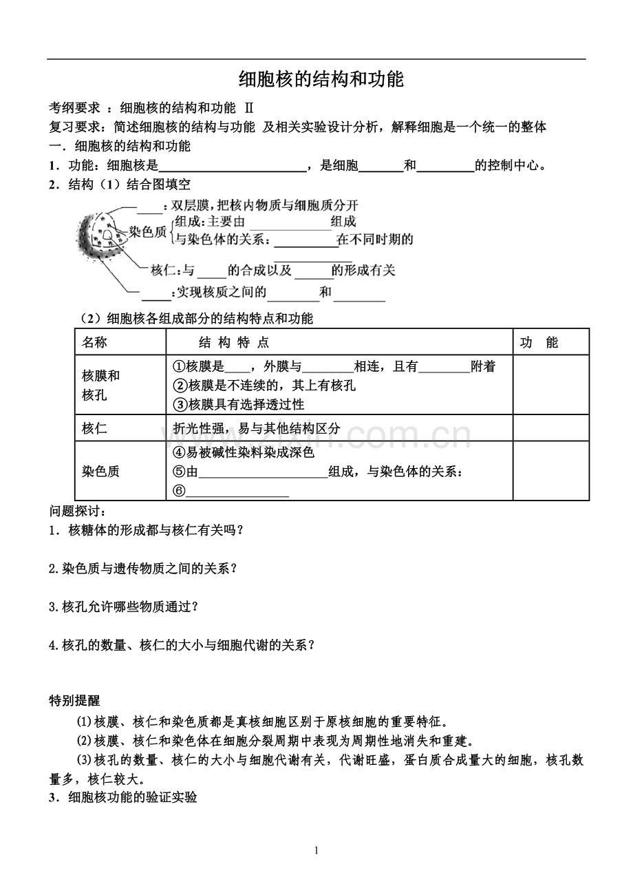 细胞核的结构和功能学案.doc_第1页