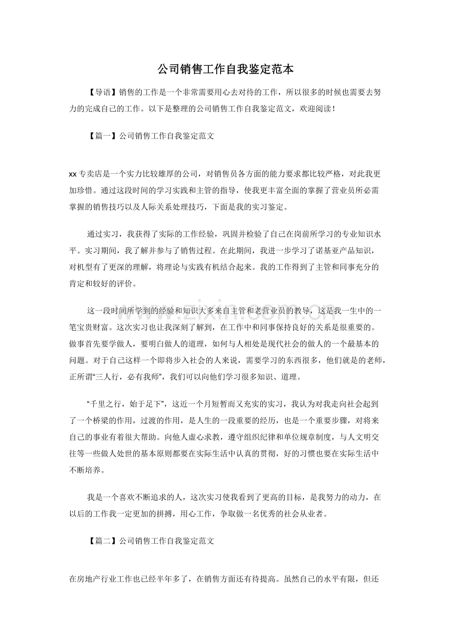 公司销售工作自我鉴定范本.docx_第1页