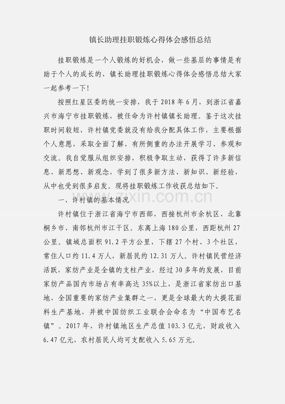 镇长助理挂职锻炼心得体会感悟总结.docx_第1页