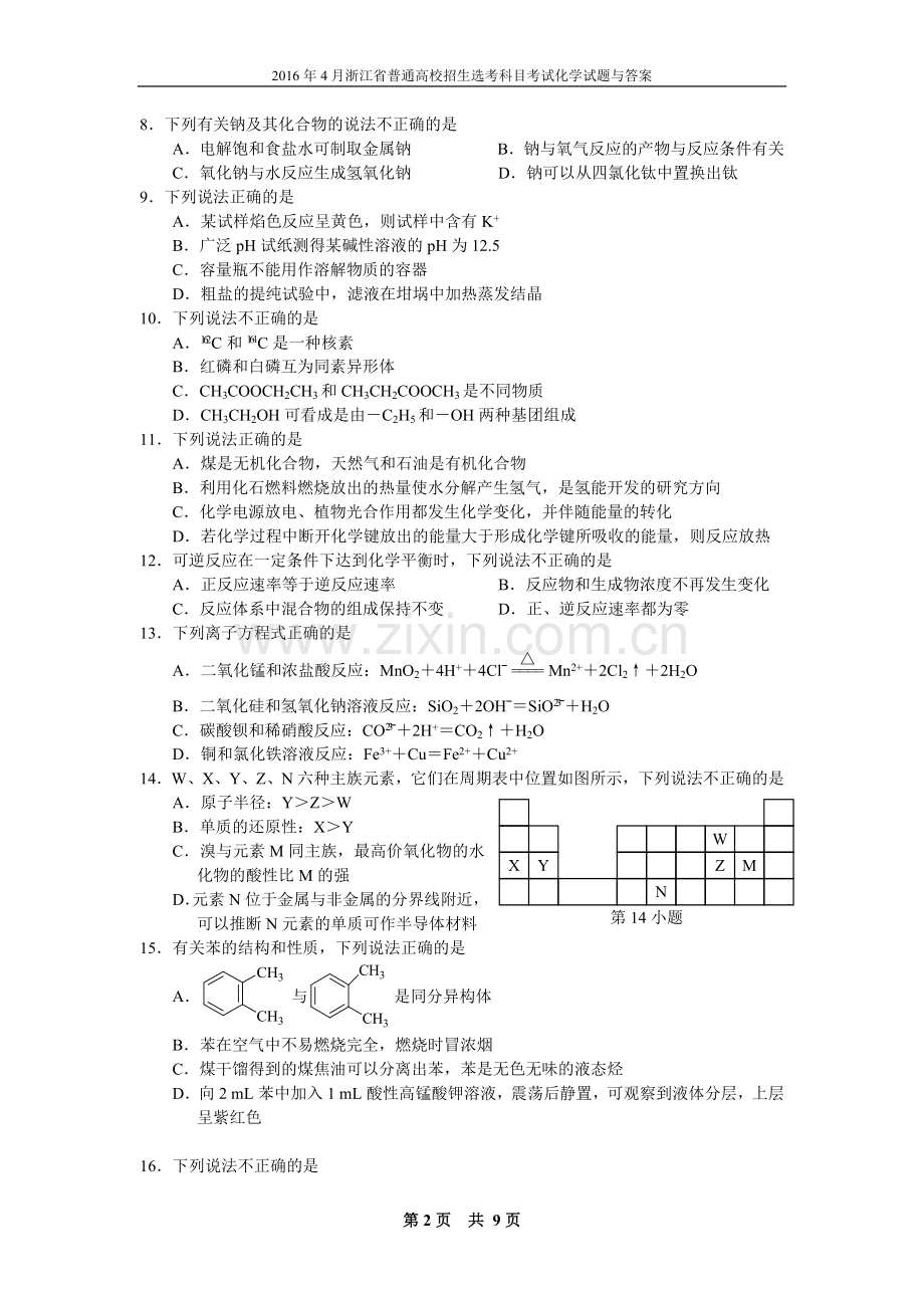 2016年4月浙江省普通高校招生选考科目考试化学试题与答案.doc_第2页