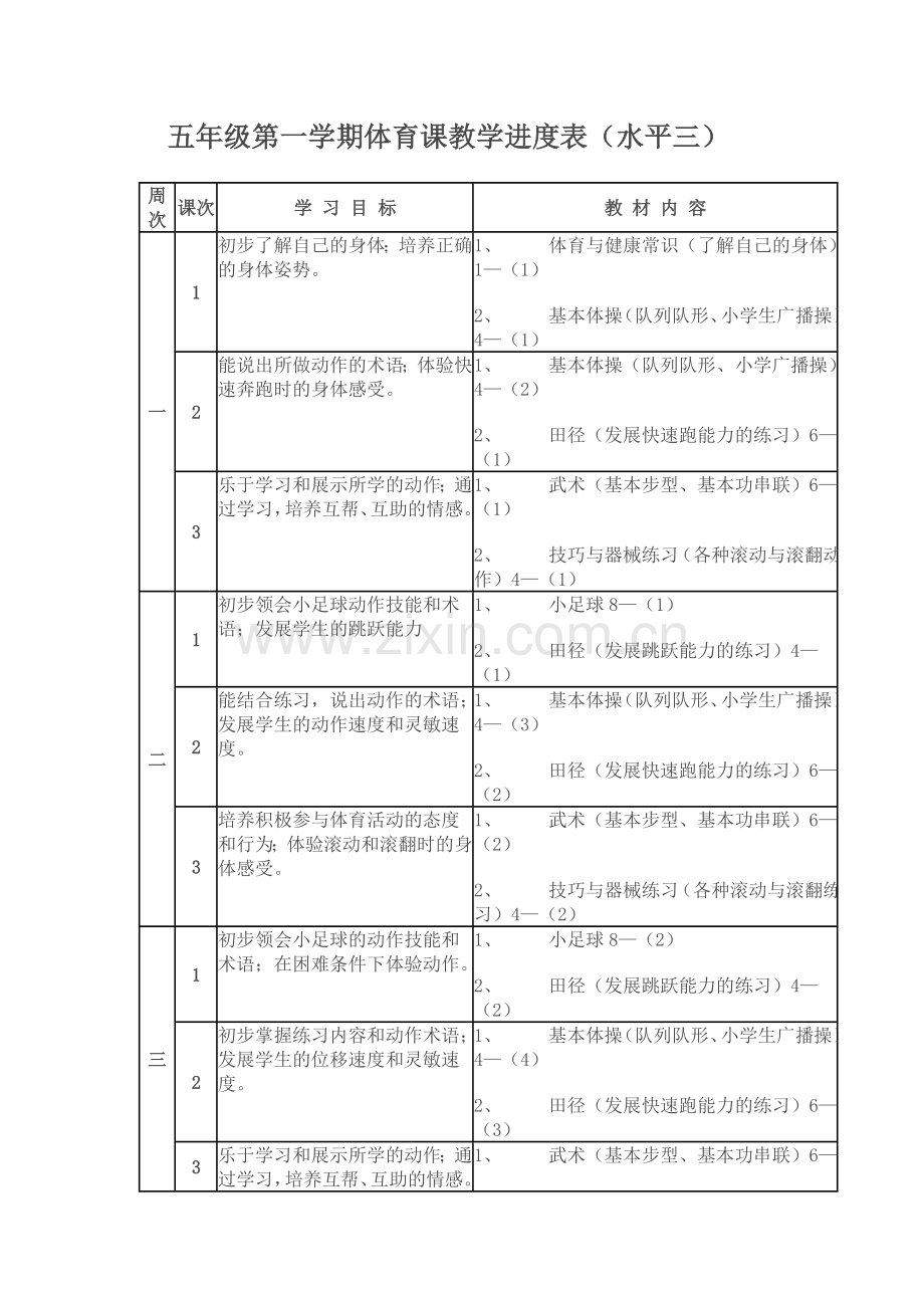 五年级第一学期体育课教学进度表.doc_第1页