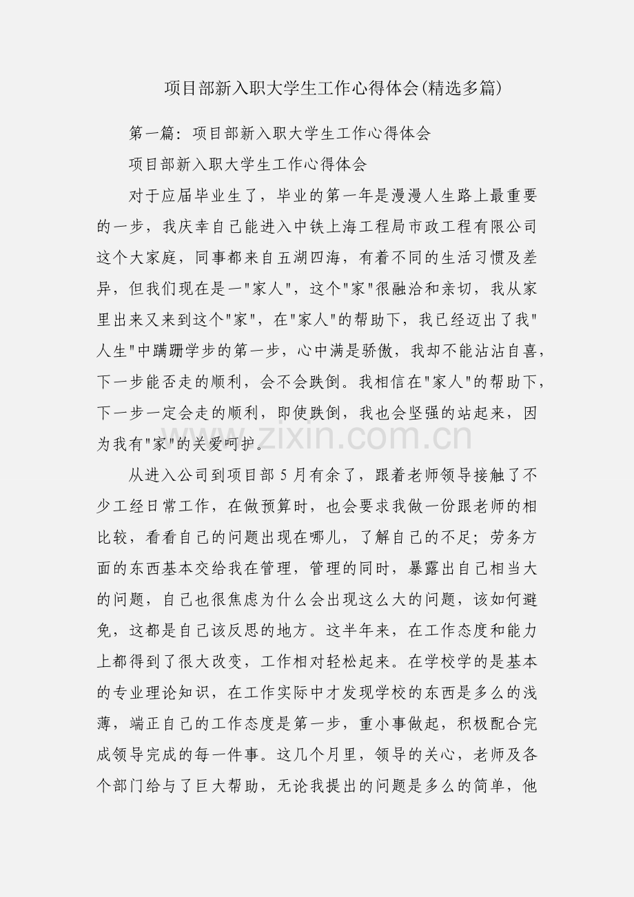 项目部新入职大学生工作心得体会(多篇).docx_第1页