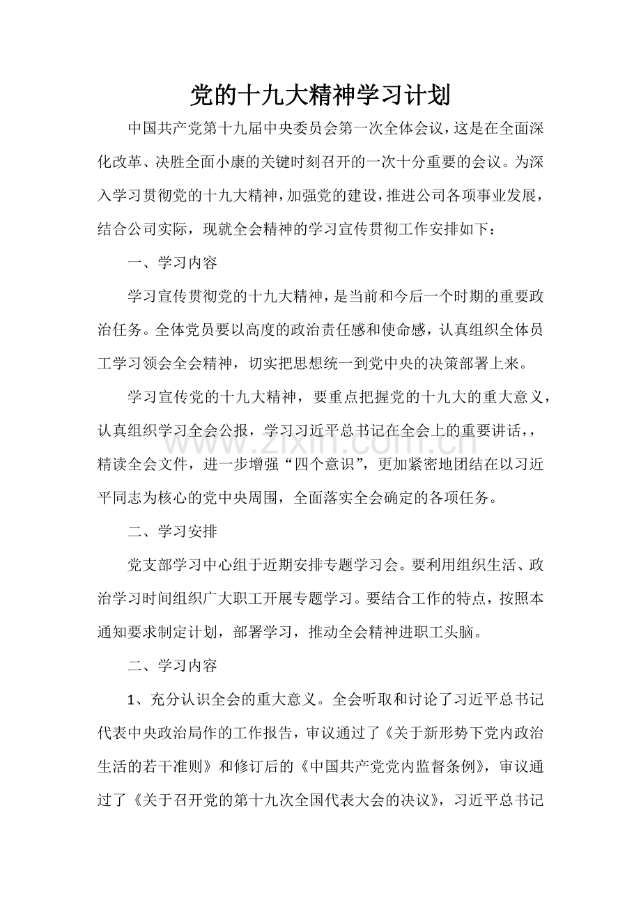 党的十九大精神学习计划.docx_第1页