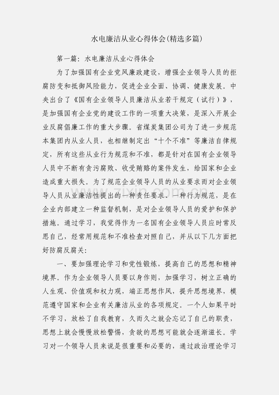 水电廉洁从业心得体会(多篇).docx_第1页