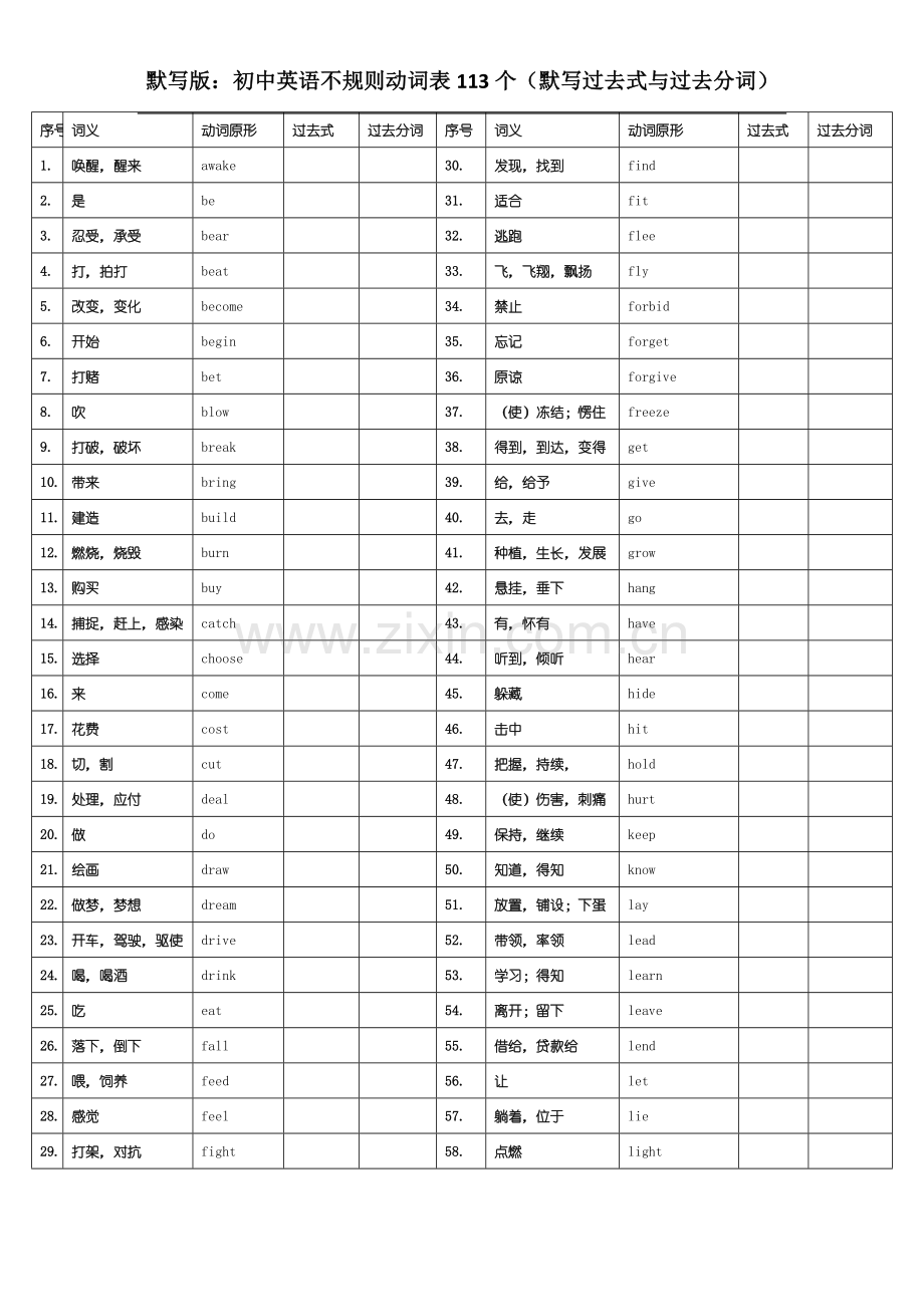 默写版：初中英语不规则动词表113个(默写过去式和过去分词).doc_第1页