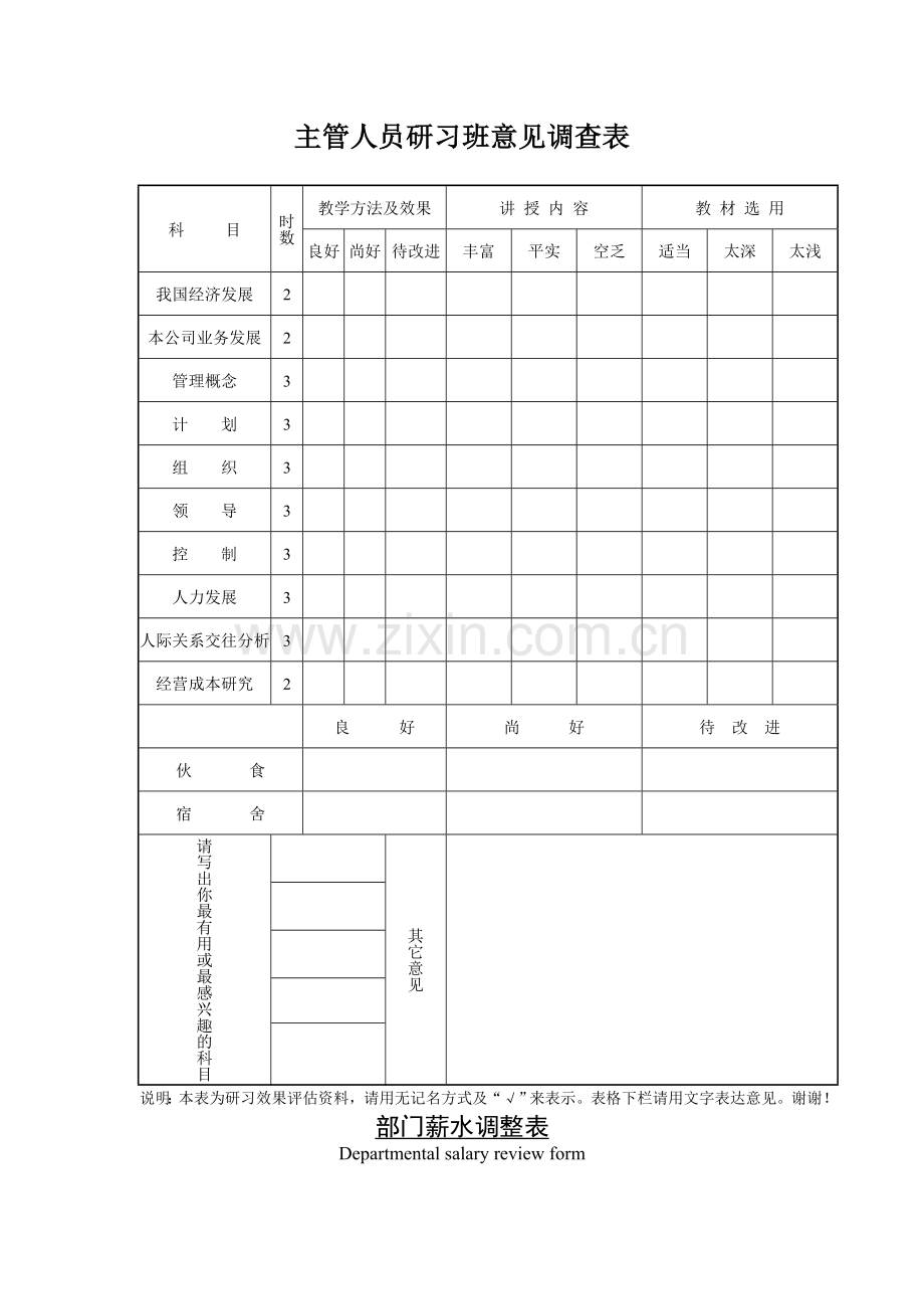 公司企业主管人员研习班意见调查表.doc_第1页