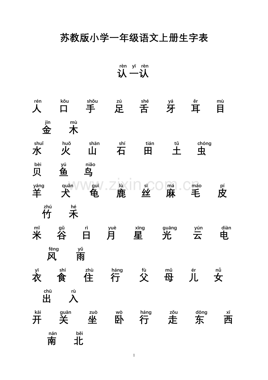 苏教版小学一年级语文上、下册生字表(一、二类字带拼音).doc_第1页