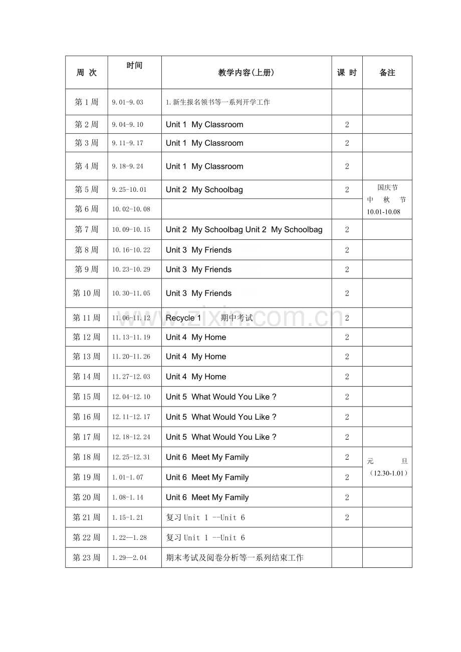 2017年秋季人教版四年级英语上册教学计划和课程进度表.doc_第3页