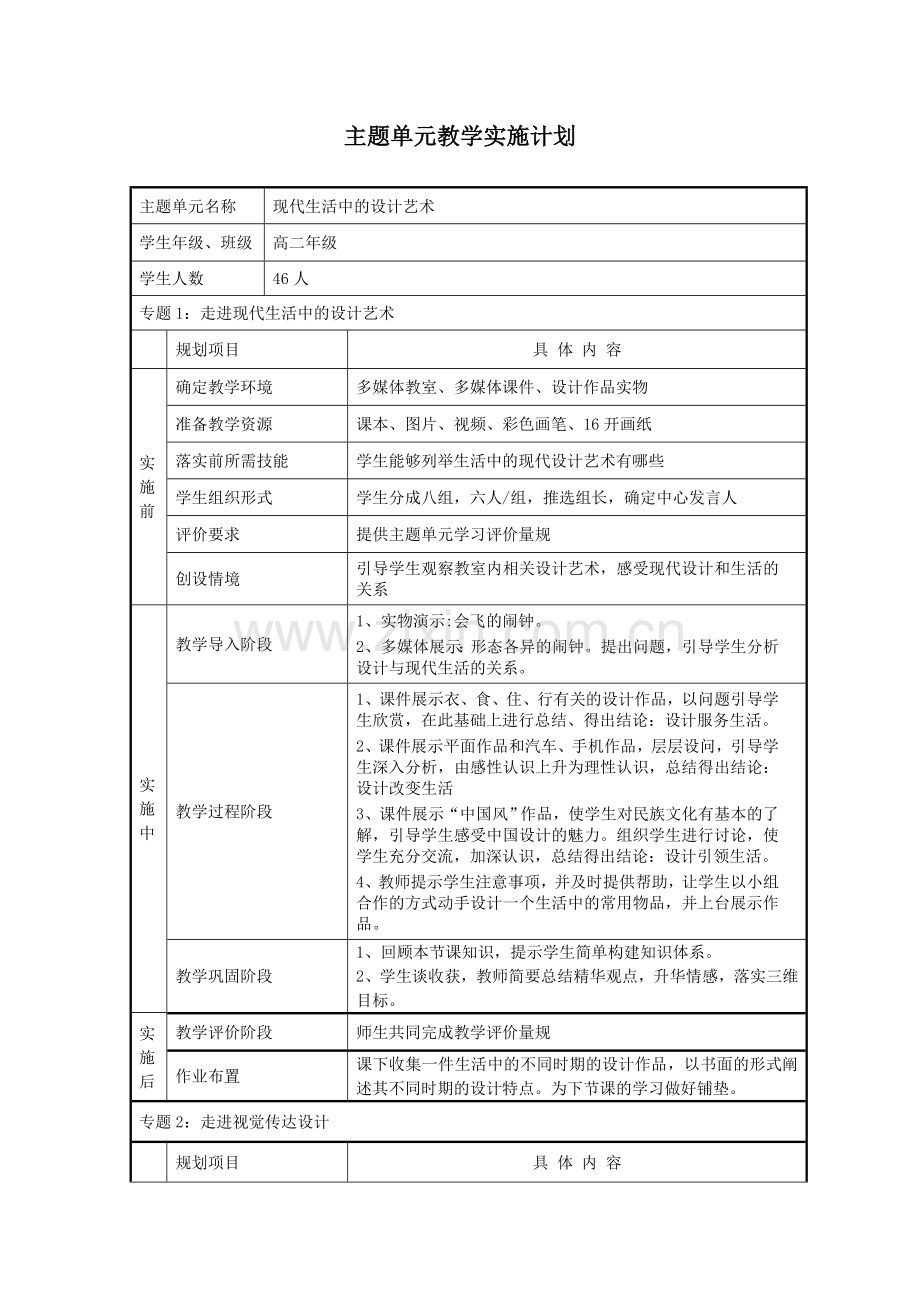 现代生活中的设计艺术主题单元教学实施计划.doc_第1页