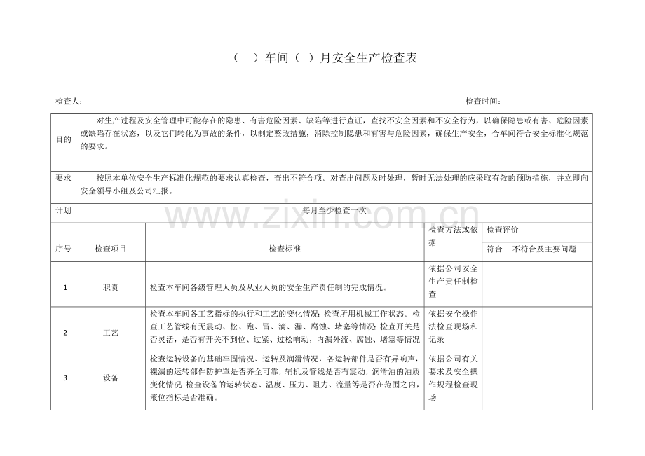 车间安全生产检查表.docx_第1页