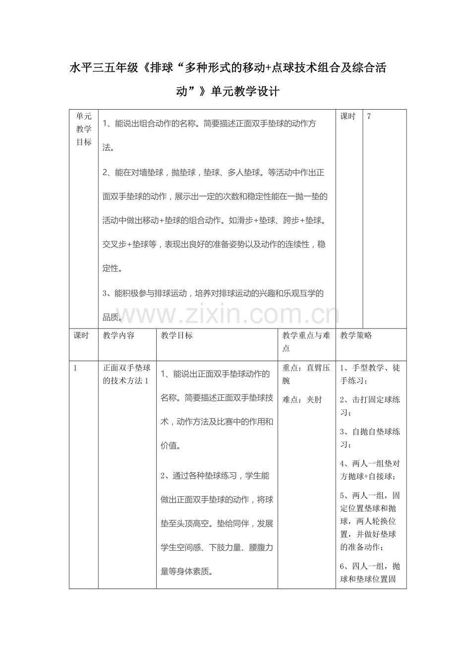 五年级《排球“多种形式的移动+垫球技术组合及综合活动”》单元教学设计.docx_第1页