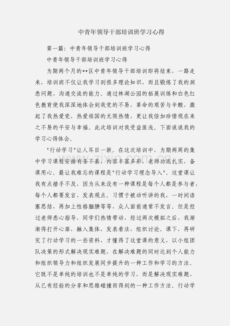 中青年领导干部培训班学习心得.docx_第1页