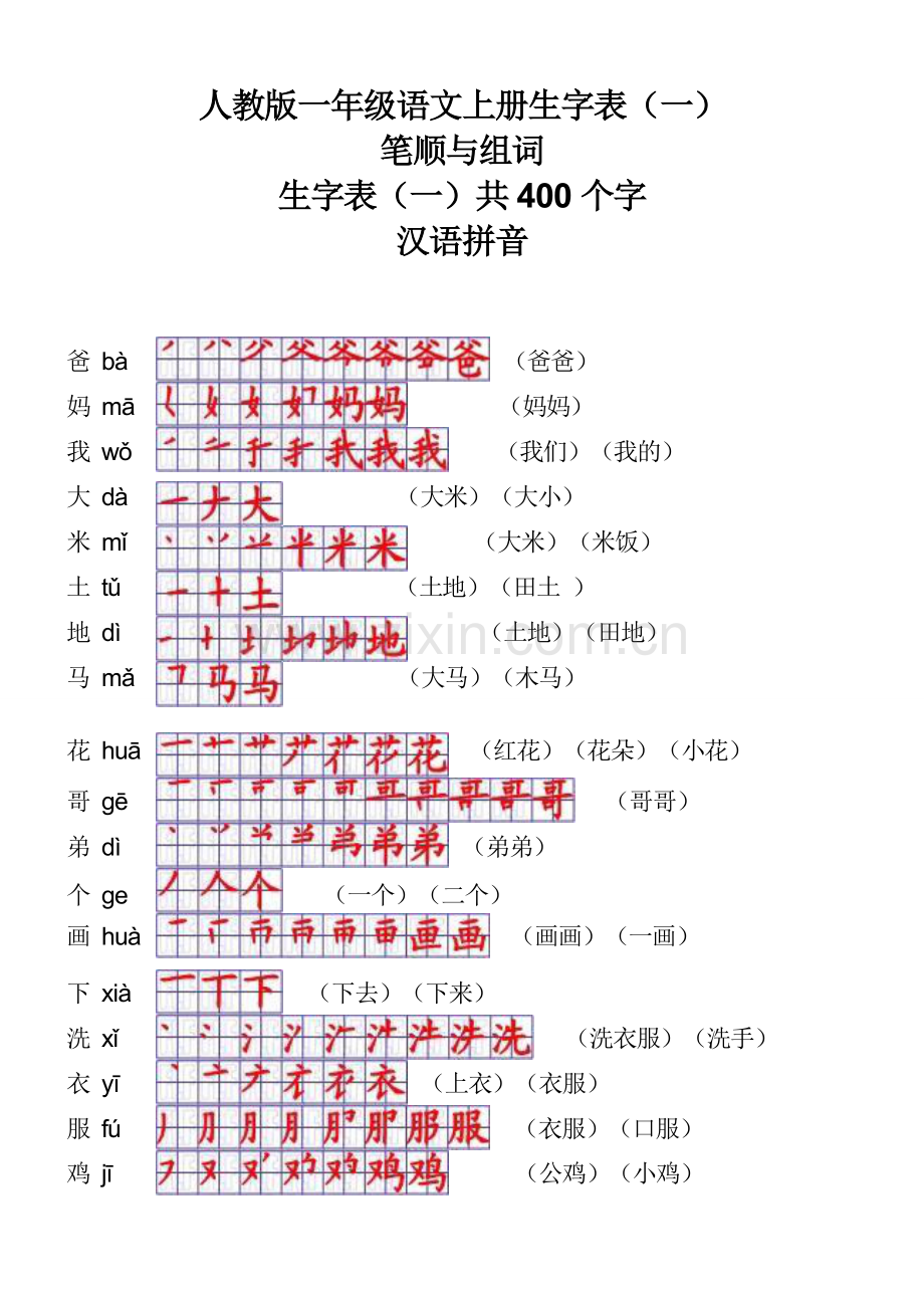 一年级语文上册生字表笔顺表及组词.doc_第1页