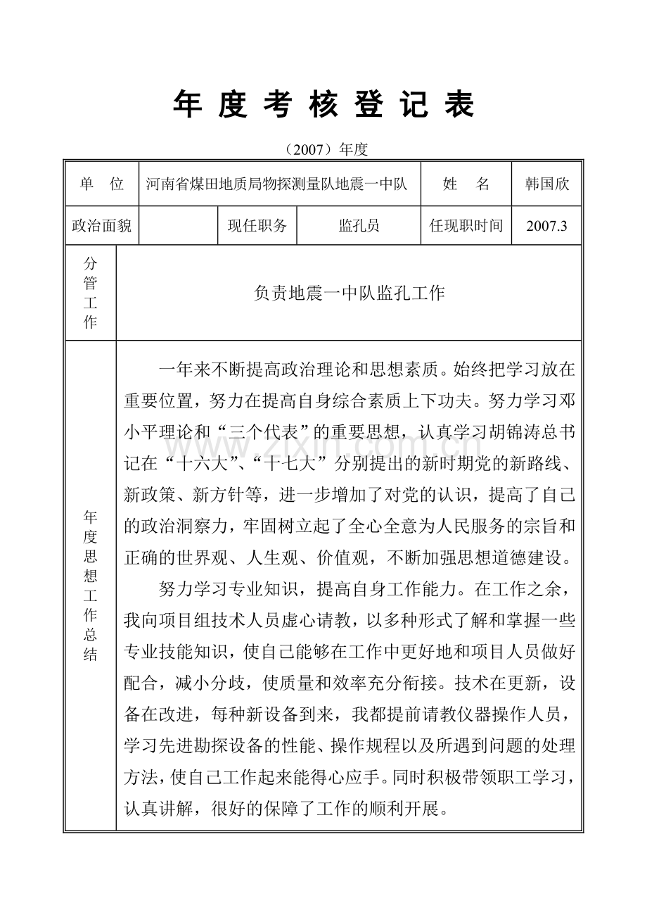 地质队技术人员及管理层年度考核表年度考核登记表(韩国欣).doc_第1页