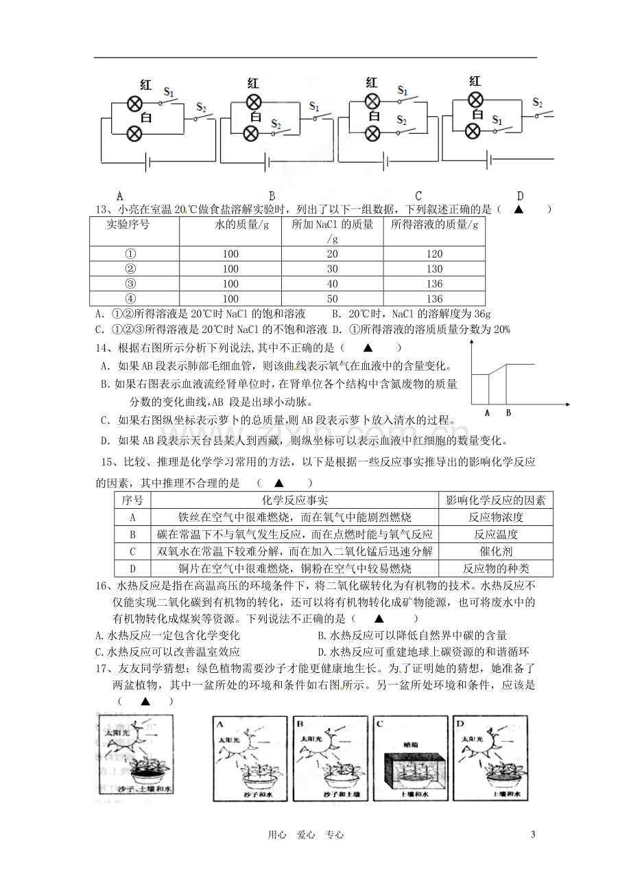 浙江省天台县赤城中学中考科学模拟考试试题-浙教版.doc_第3页