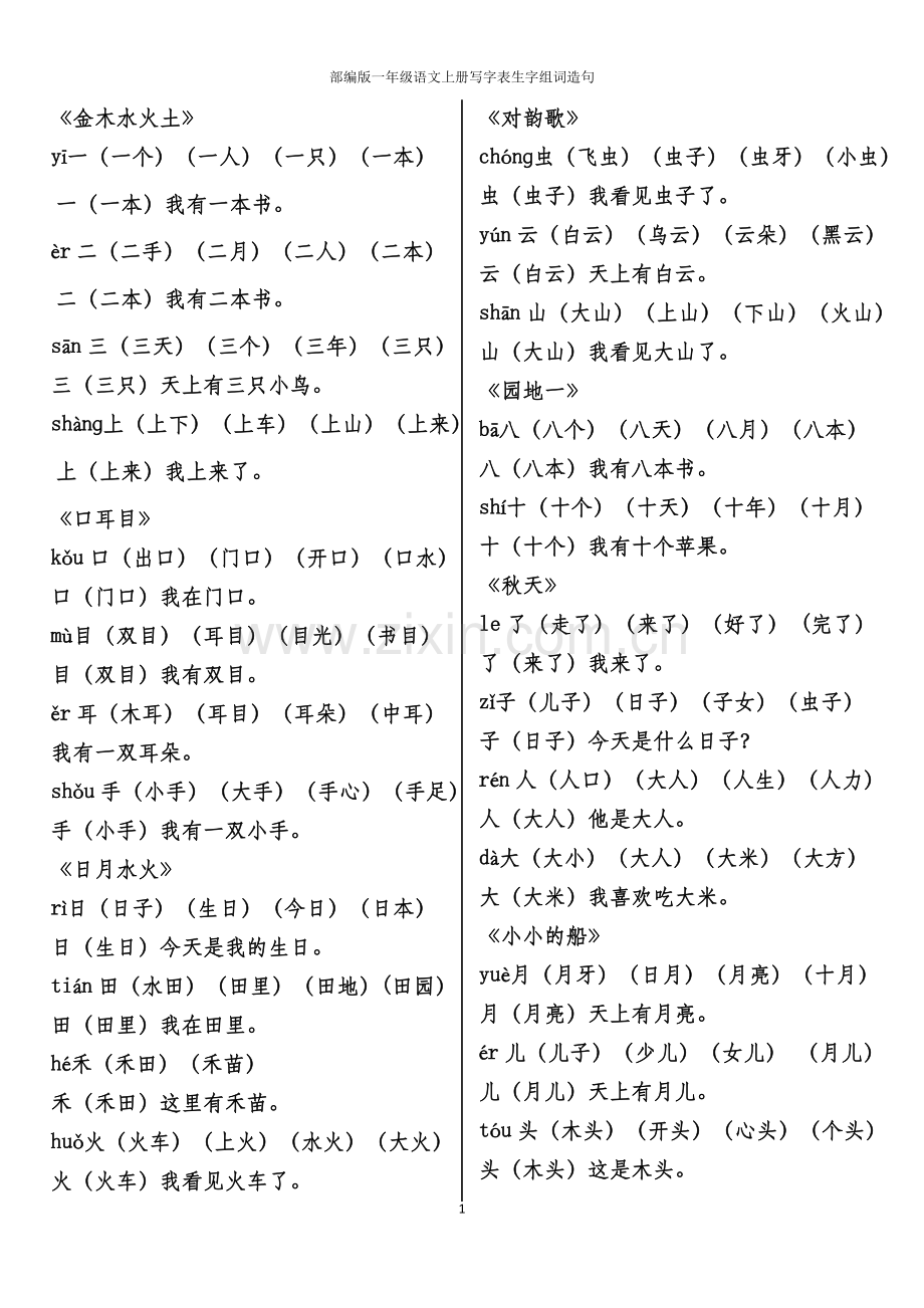 部编版语文一年级上册写字表生字组词造句.docx_第1页