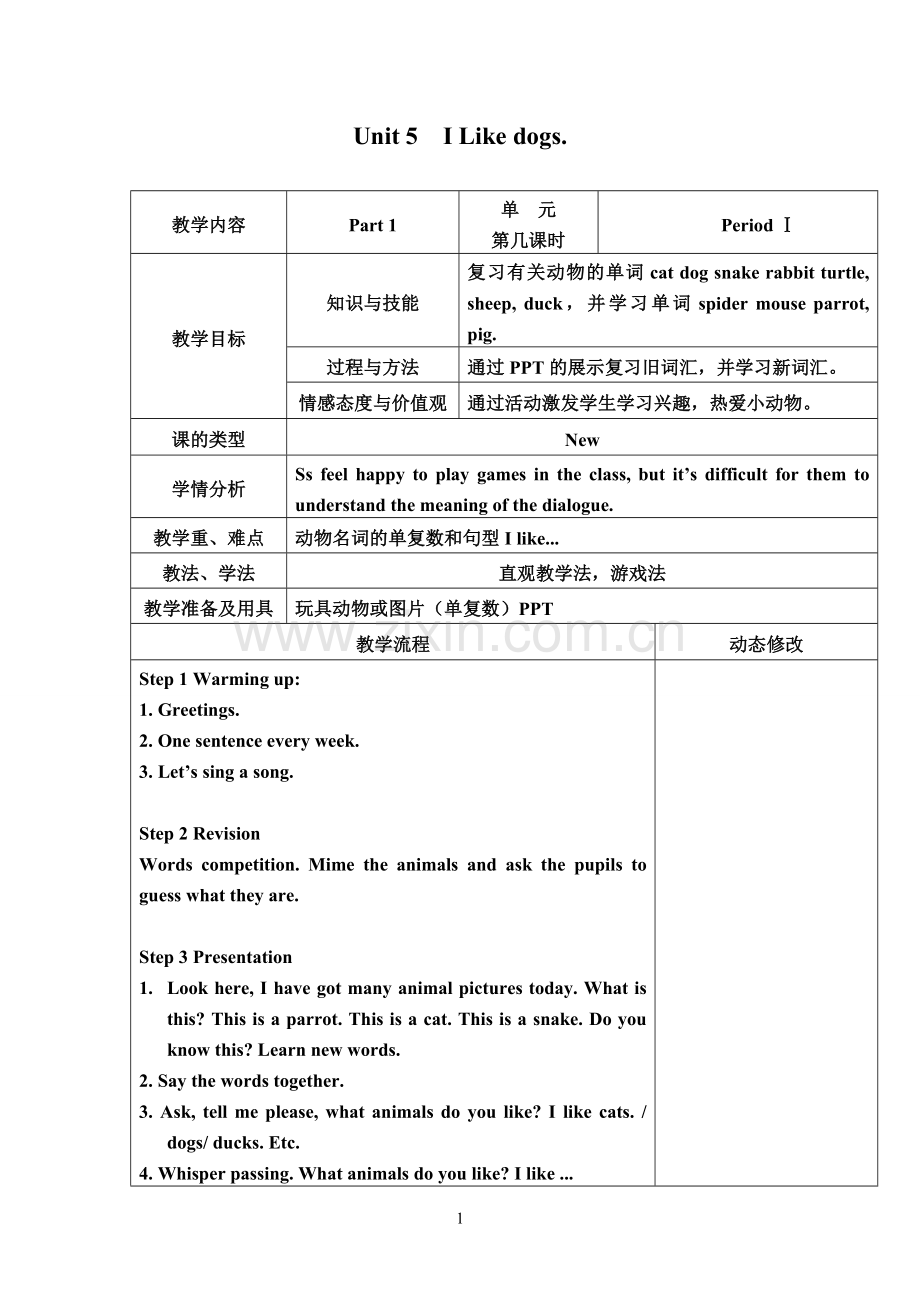 Unit-5--I-Like-dogs剑桥少儿英语预备级B第五单元教学设计.doc_第1页