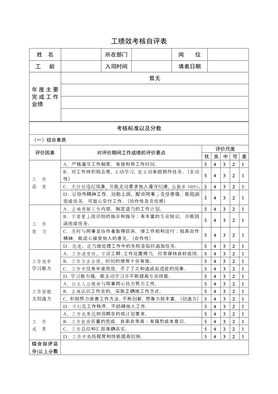 员工绩效考核自评表.doc_第1页