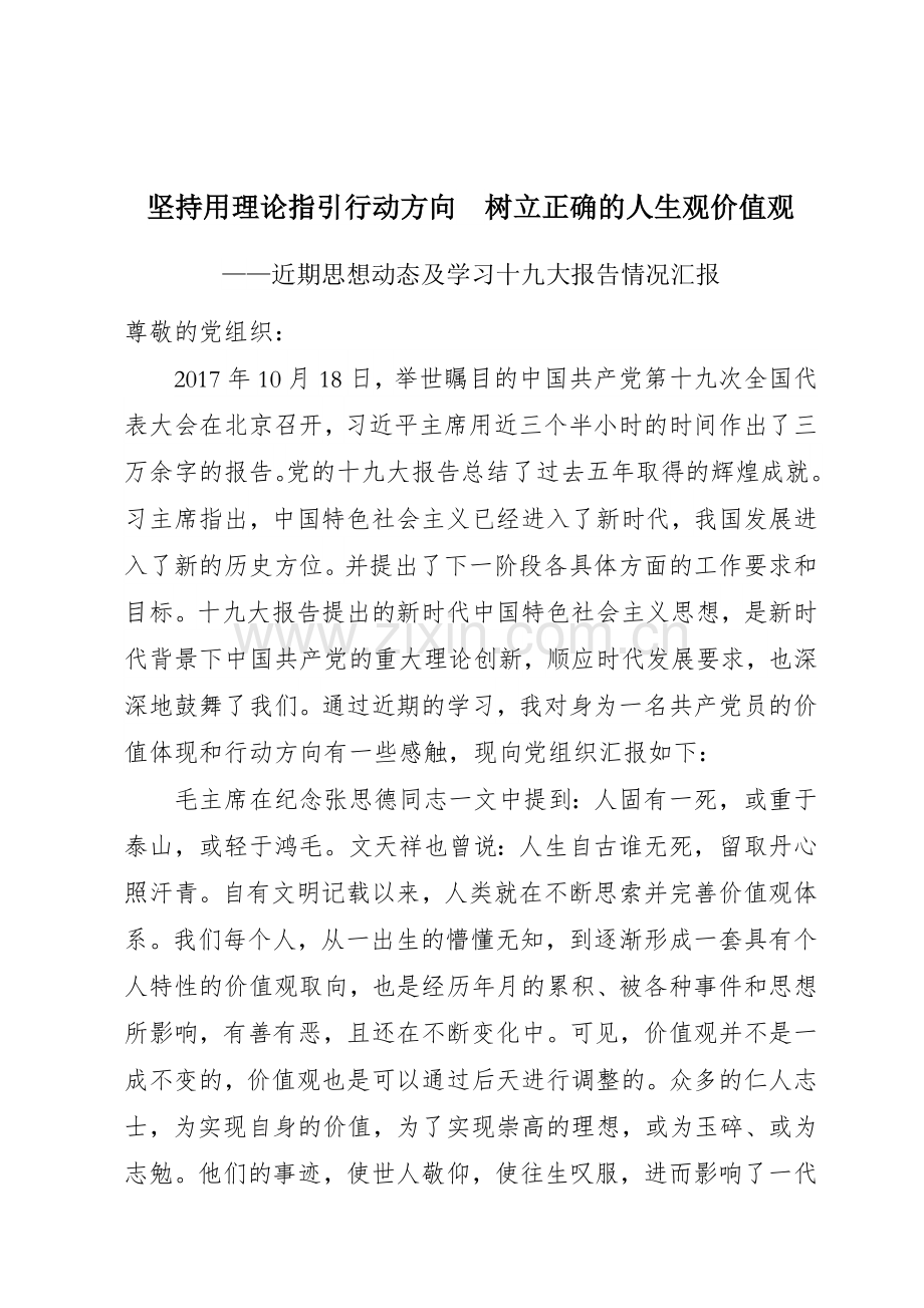 党员学习十九大思想汇报.docx_第1页