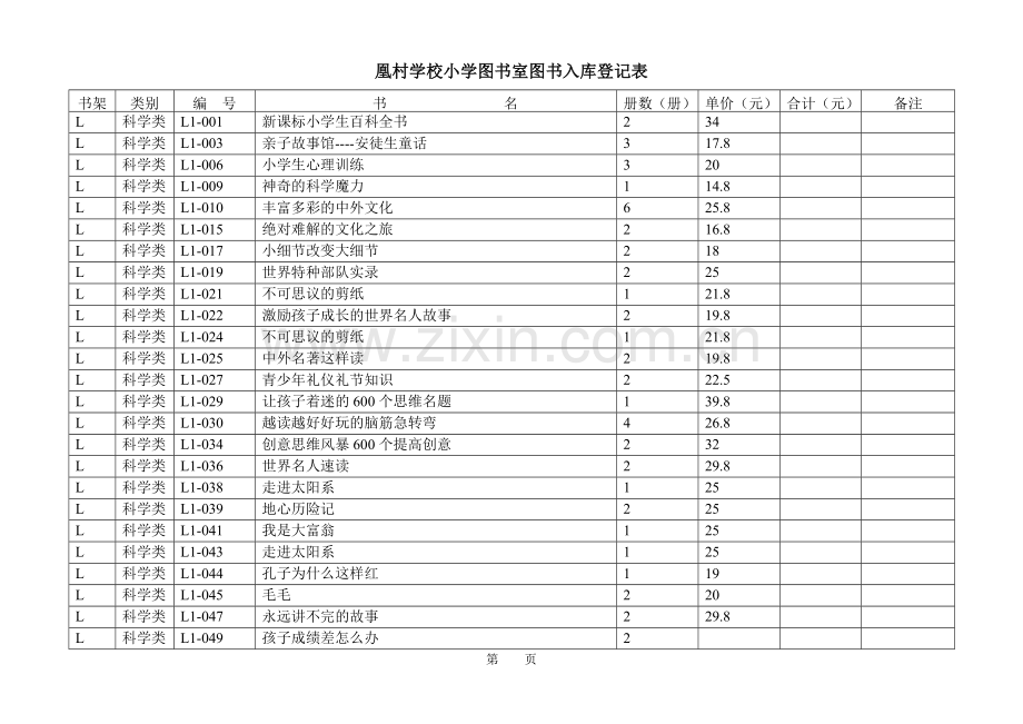 图书室图书入库登记表.docx_第1页