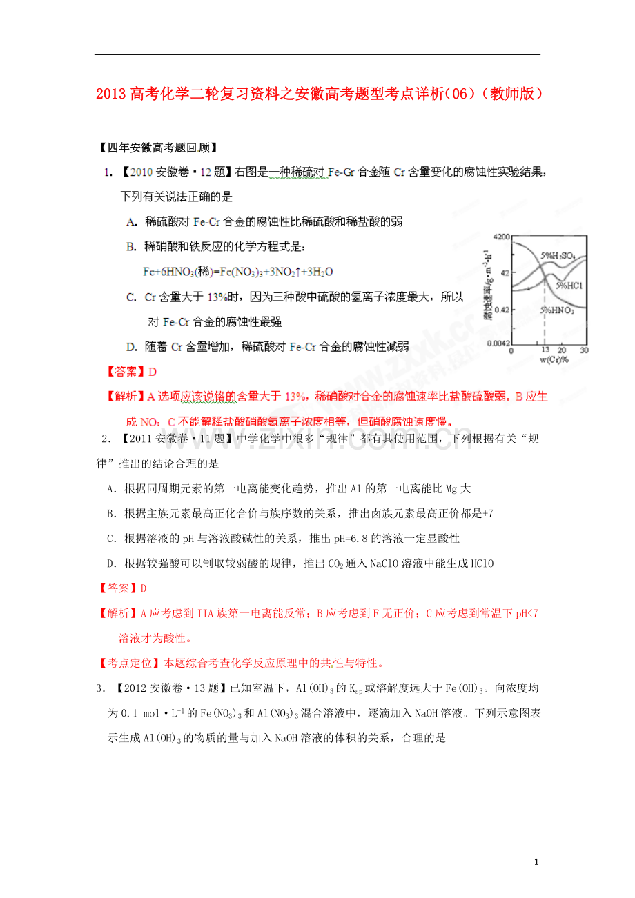 安徽省2013高考化学二轮复习资料-高考题型考点详析(06)(教师版).doc_第1页