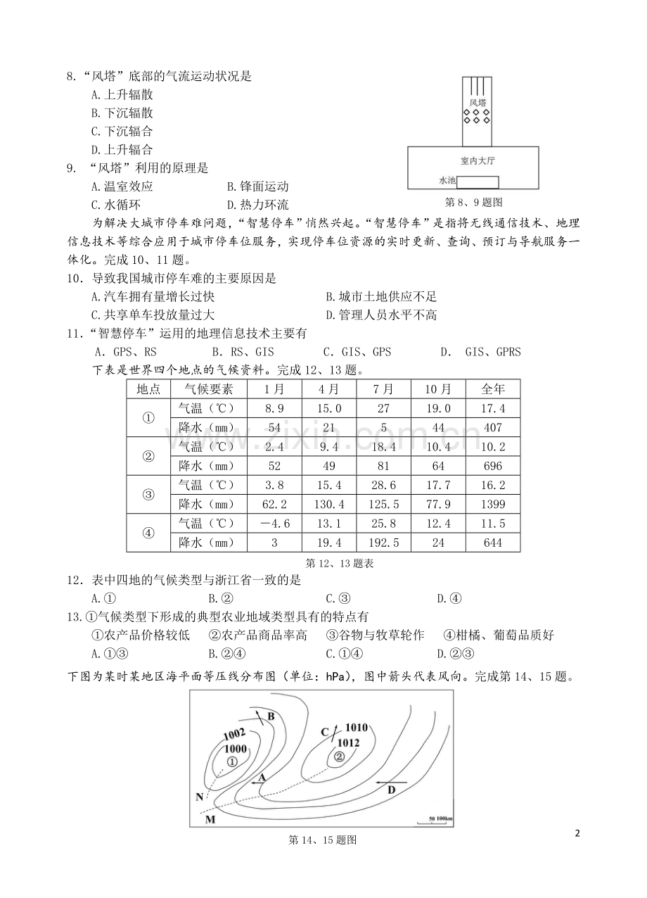 2018学年第一学期浙江省名校协作体高三地理试题及答案.doc_第2页