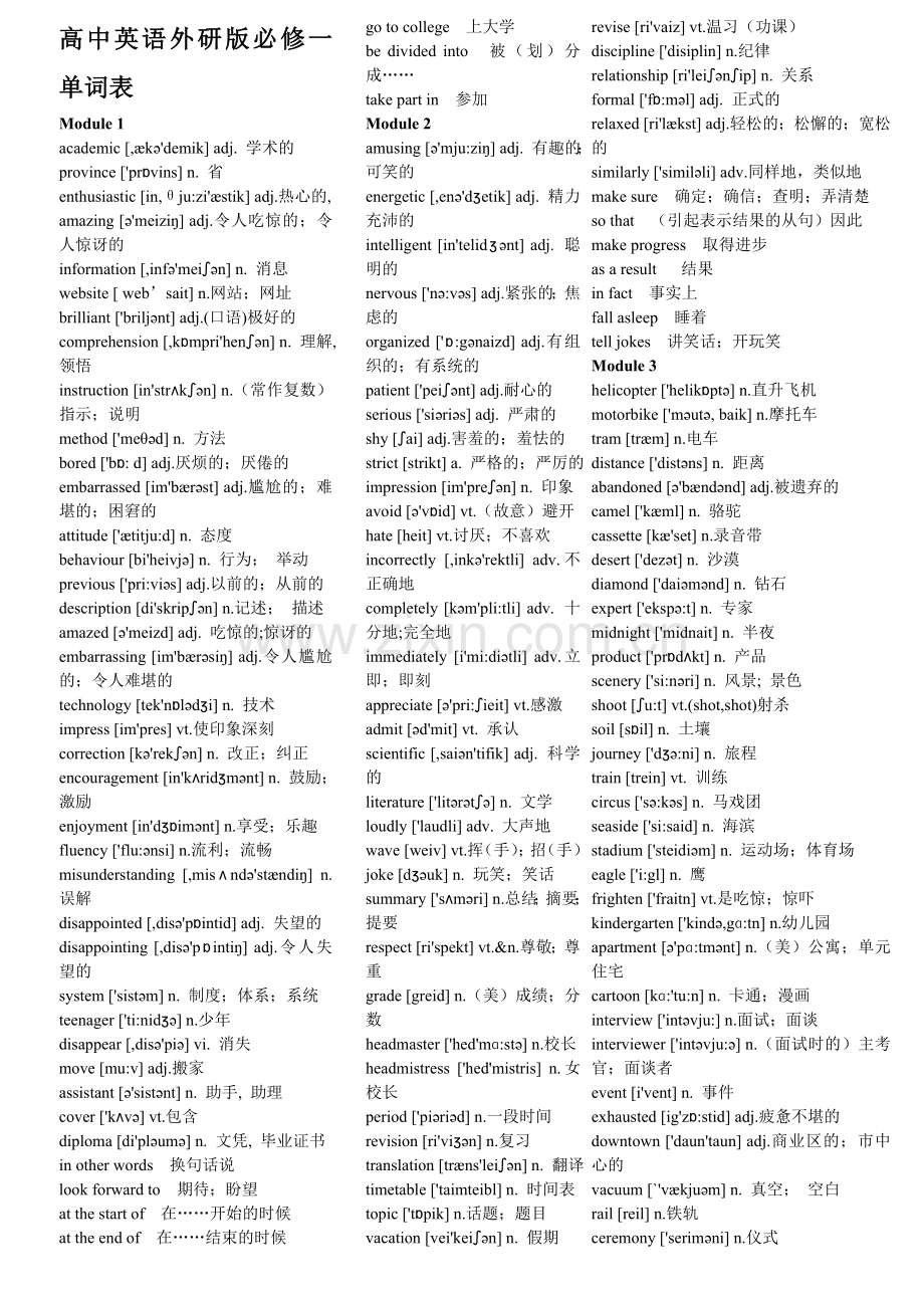 高中英语外研版必修1+2单词表.doc_第1页