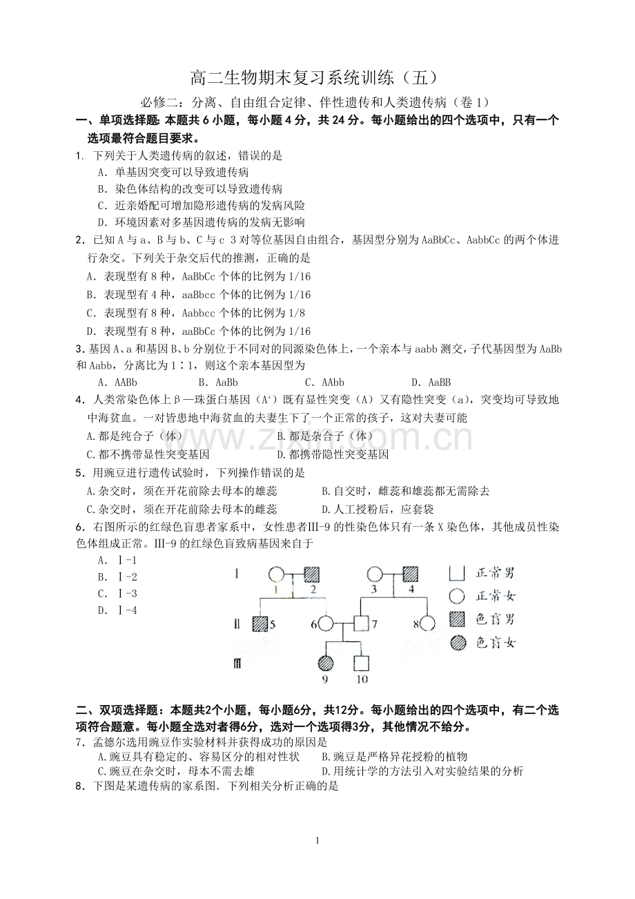 高中生物必修2：分离、自由组合定律、伴性遗传和人类遗传病(卷1)练习.doc_第1页