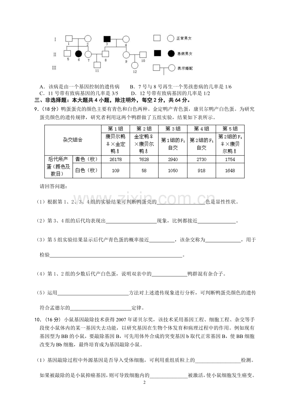 高中生物必修2：分离、自由组合定律、伴性遗传和人类遗传病(卷1)练习.doc_第2页