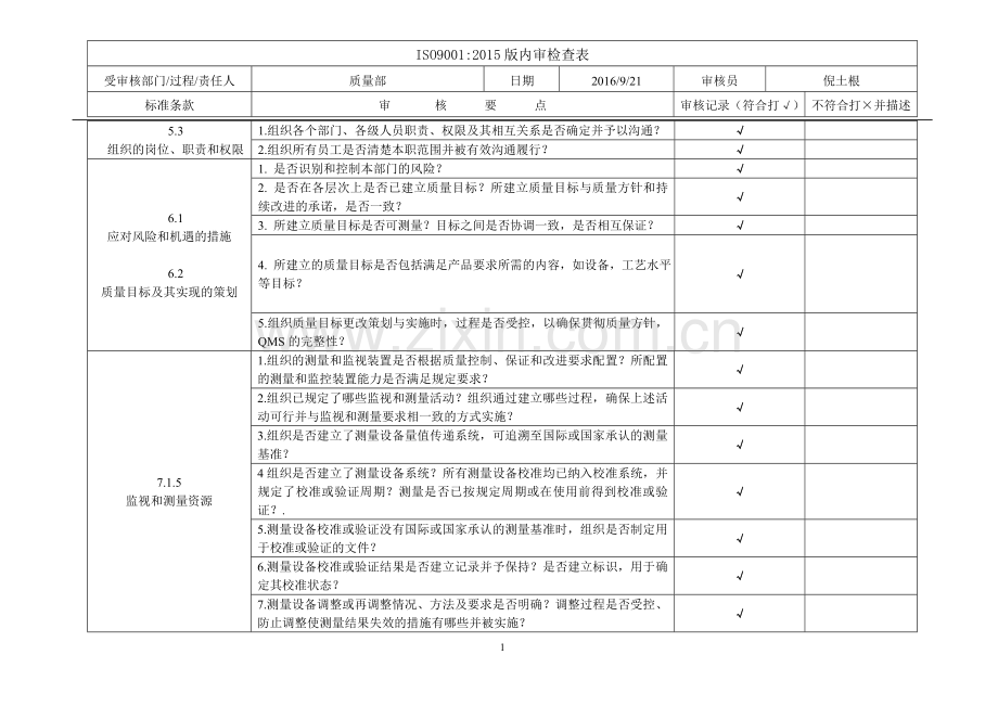 ISO9001-2015质量部-内审检查表.doc_第1页