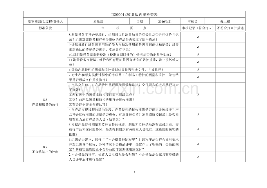 ISO9001-2015质量部-内审检查表.doc_第2页