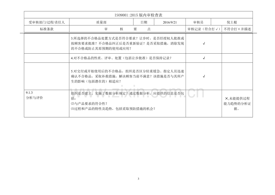 ISO9001-2015质量部-内审检查表.doc_第3页