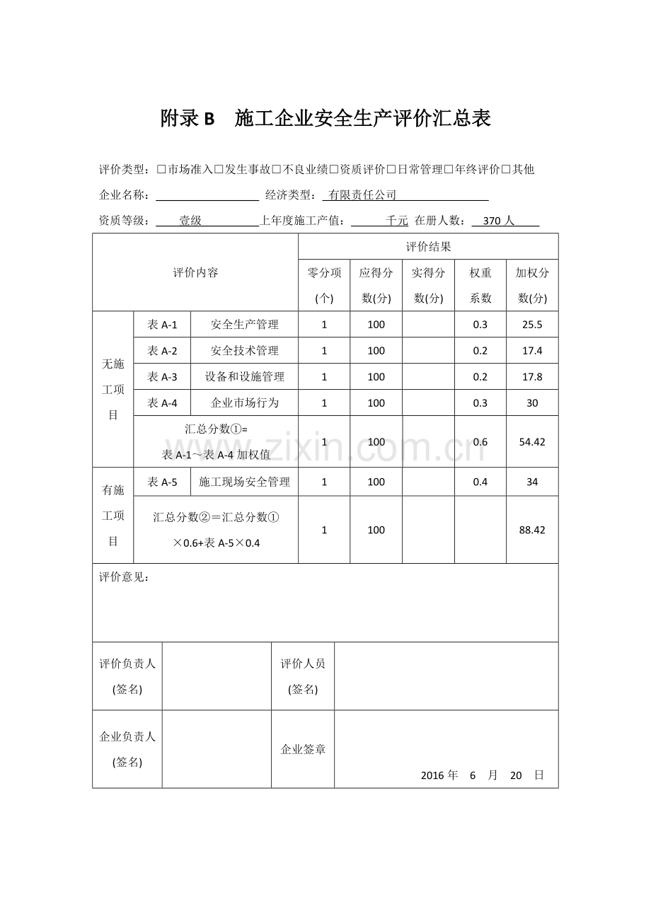 2016年施工企业安全生产评价汇总表.doc_第1页