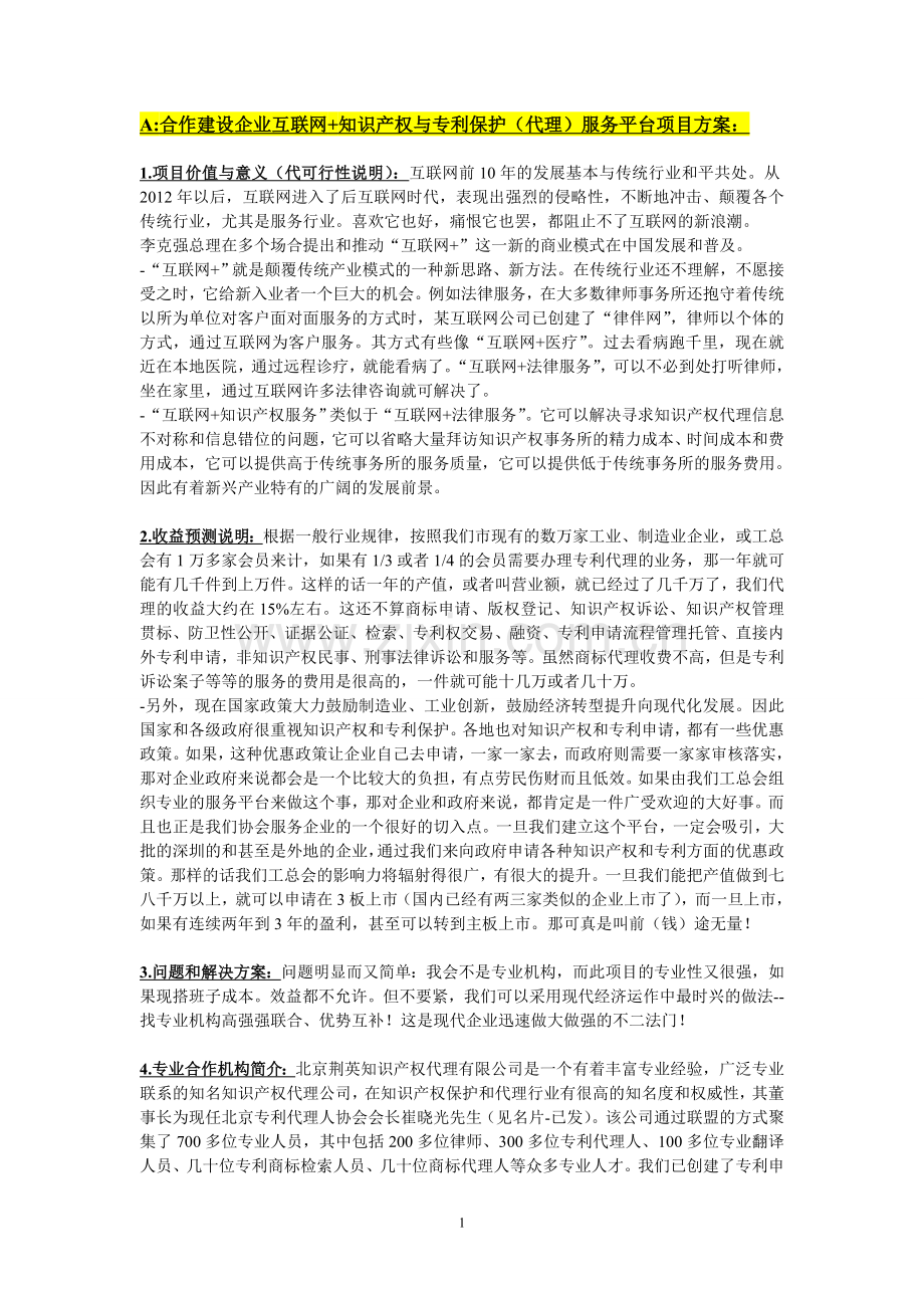 A合作建设企业互联网+知识产权与专利保护(代理)服务平台项目方案.doc_第1页