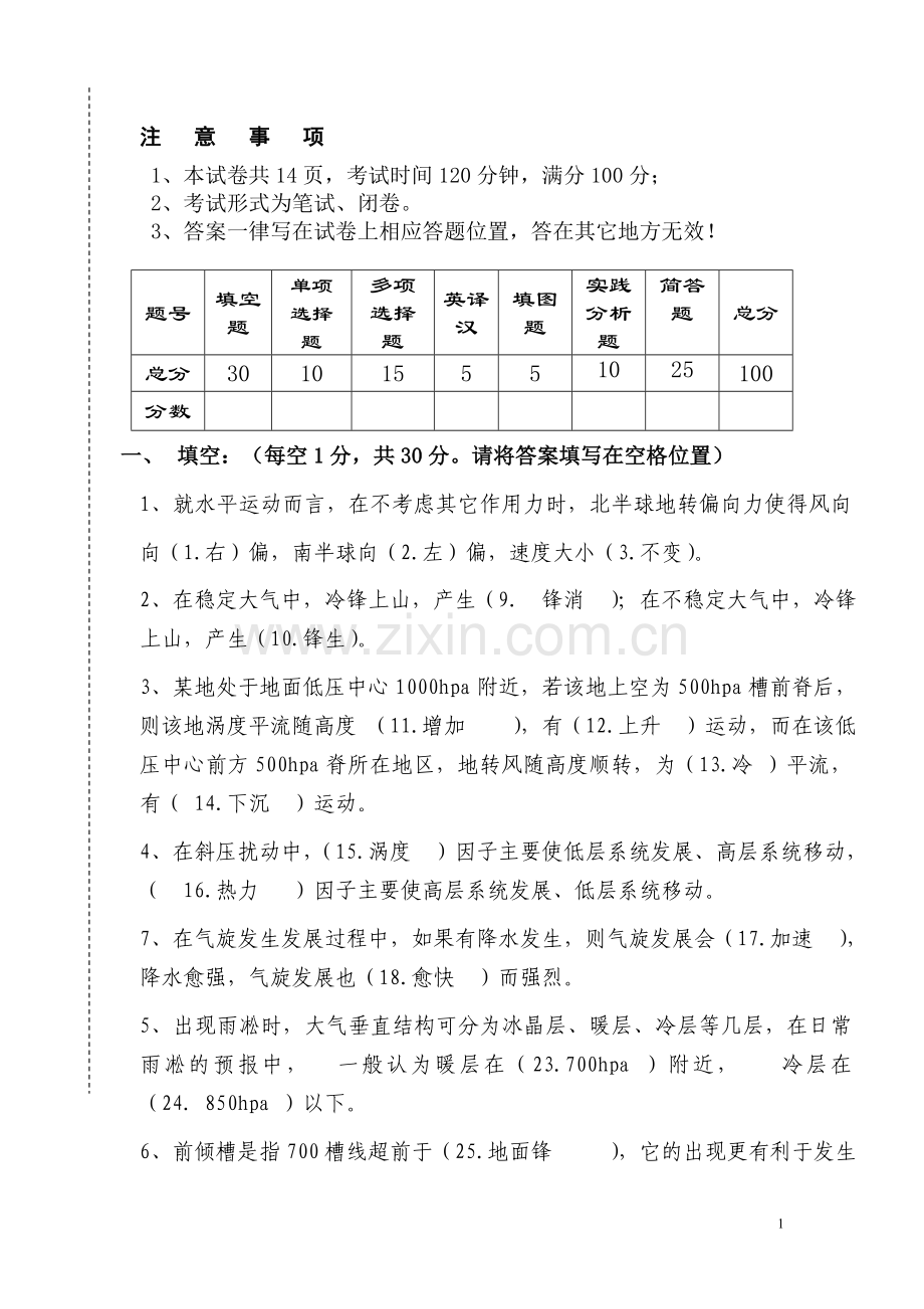 大气科学考试摸底测试卷答案.doc_第1页