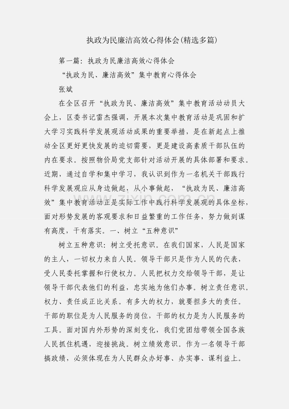 执政为民廉洁高效心得体会(多篇).docx_第1页